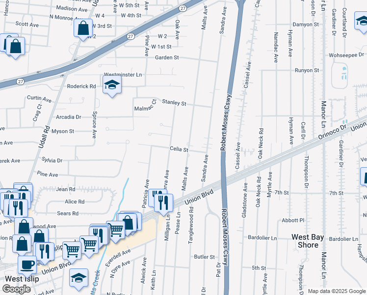 map of restaurants, bars, coffee shops, grocery stores, and more near 1064 Celia Street in West Islip