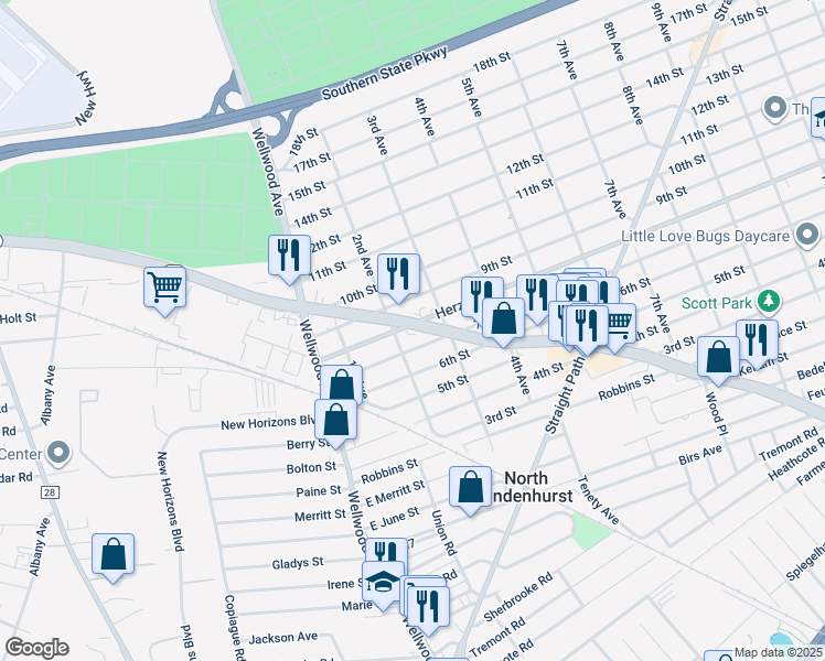 map of restaurants, bars, coffee shops, grocery stores, and more near 155 2nd Avenue in Lindenhurst