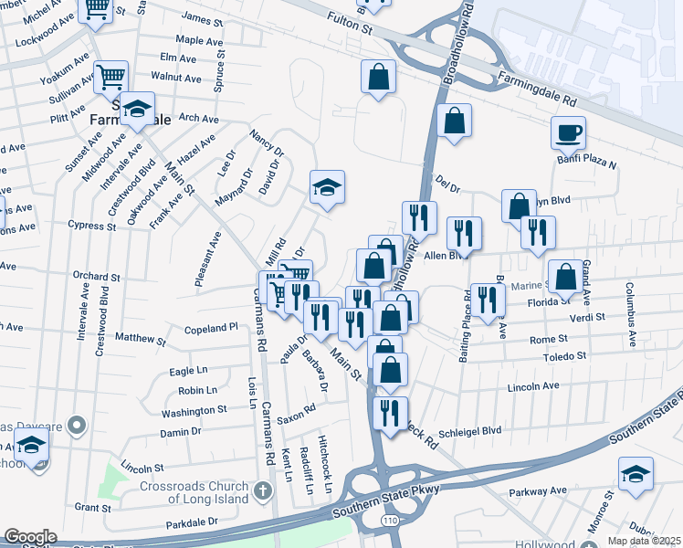 map of restaurants, bars, coffee shops, grocery stores, and more near 162 Genova Court in Farmingdale