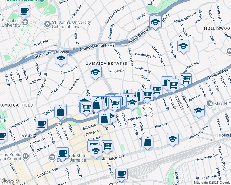 map of restaurants, bars, coffee shops, grocery stores, and more near 38 Wexford Terrace in Queens