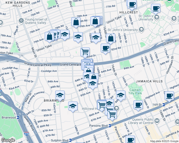 map of restaurants, bars, coffee shops, grocery stores, and more near 83-46 Parsons Boulevard in Queens