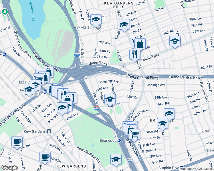 map of restaurants, bars, coffee shops, grocery stores, and more near 135-08 82nd Avenue in Queens