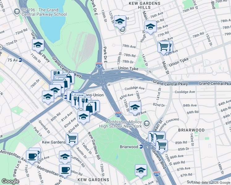map of restaurants, bars, coffee shops, grocery stores, and more near 134-1 82nd Avenue in Queens