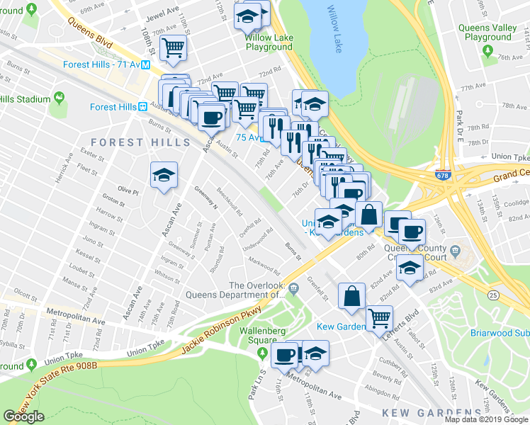 map of restaurants, bars, coffee shops, grocery stores, and more near 2-97 Burns Street in Queens