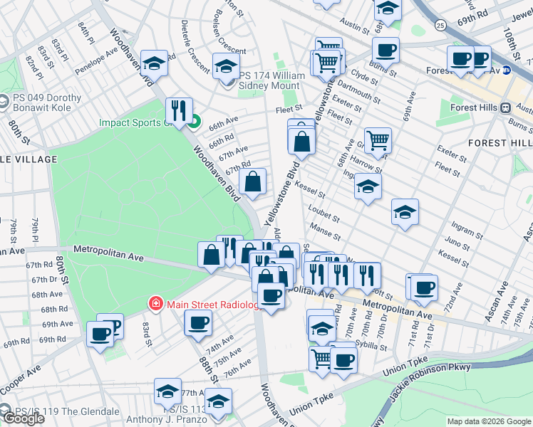 map of restaurants, bars, coffee shops, grocery stores, and more near 68-27 Alderton Street in Queens