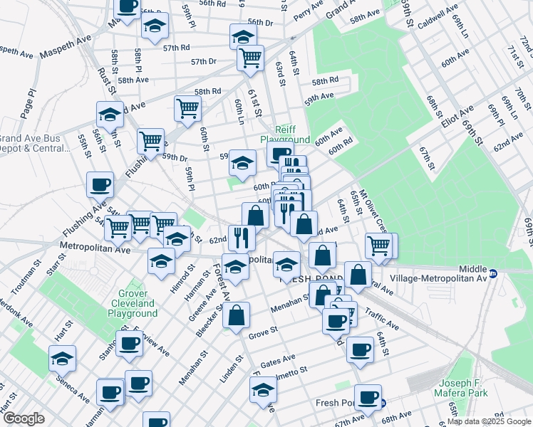 map of restaurants, bars, coffee shops, grocery stores, and more near 60-74 60th Lane in Queens