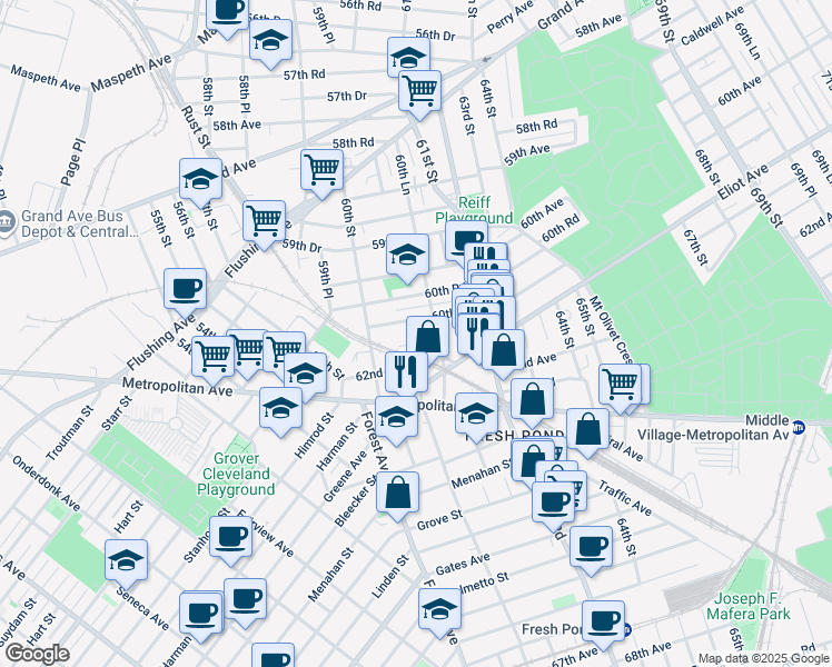 map of restaurants, bars, coffee shops, grocery stores, and more near 60-74 60th Lane in Queens