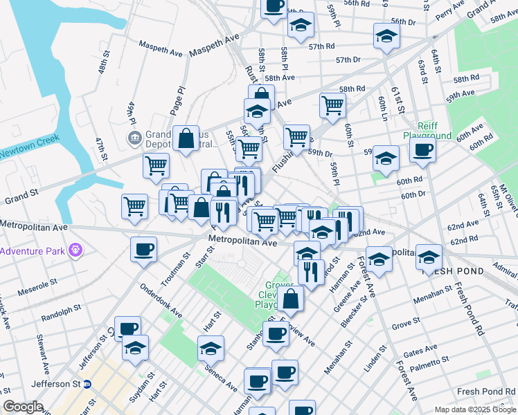 map of restaurants, bars, coffee shops, grocery stores, and more near 60-25 54th Street in Queens