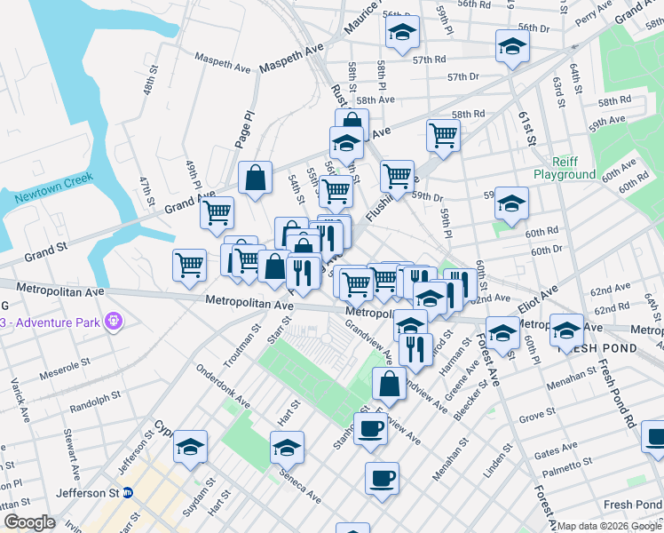 map of restaurants, bars, coffee shops, grocery stores, and more near 60-25 54th Street in Queens
