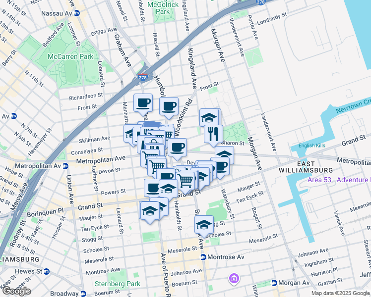 map of restaurants, bars, coffee shops, grocery stores, and more near in Brooklyn