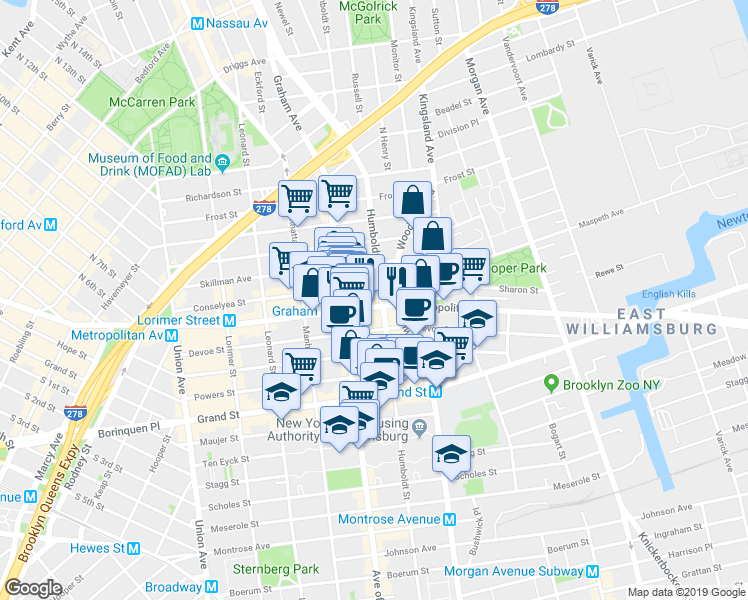 map of restaurants, bars, coffee shops, grocery stores, and more near 790 Metropolitan Avenue in Brooklyn
