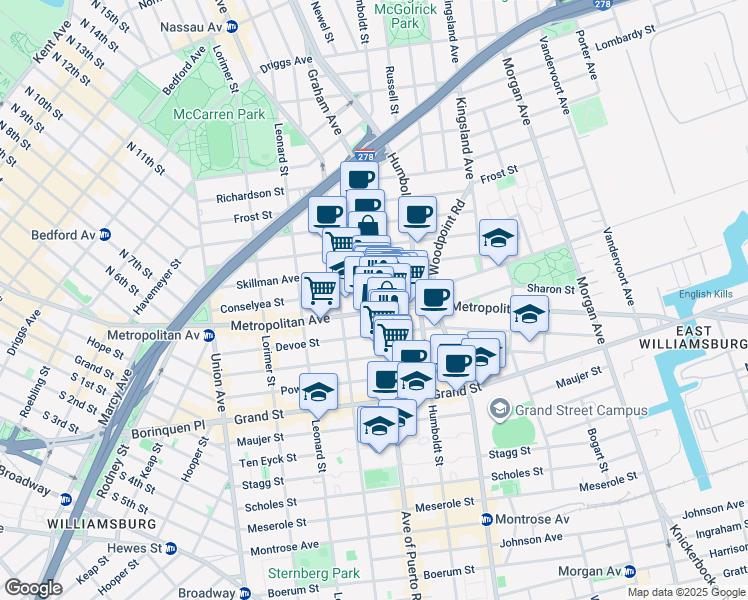 map of restaurants, bars, coffee shops, grocery stores, and more near 752 Metropolitan Avenue in Brooklyn