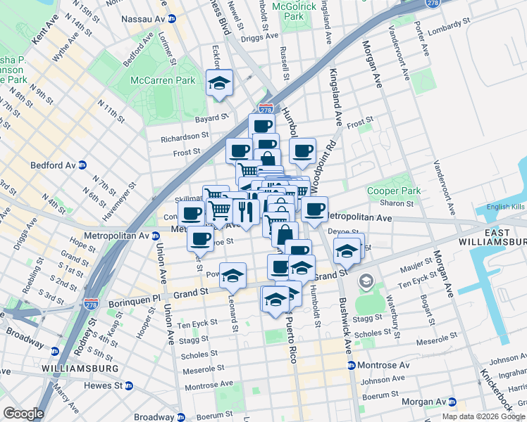 map of restaurants, bars, coffee shops, grocery stores, and more near 713 Metropolitan Avenue in Brooklyn