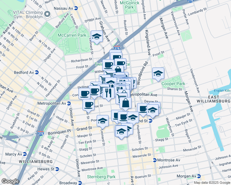 map of restaurants, bars, coffee shops, grocery stores, and more near 713 Metropolitan Avenue in Brooklyn
