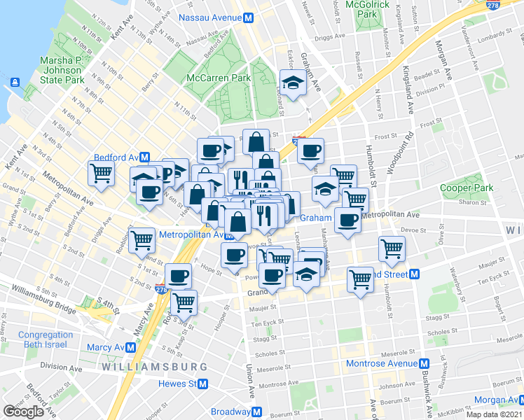 map of restaurants, bars, coffee shops, grocery stores, and more near 38 Conselyea Street in Brooklyn