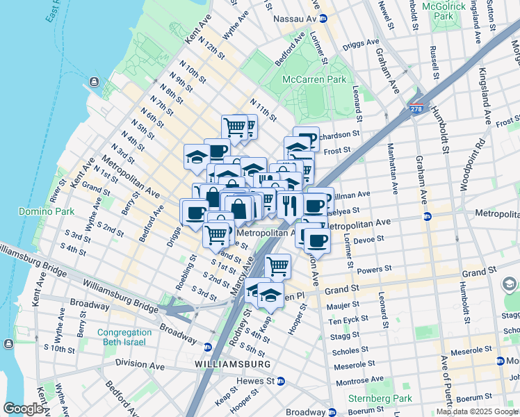 map of restaurants, bars, coffee shops, grocery stores, and more near 417-421 Metropolitan Avenue in Brooklyn