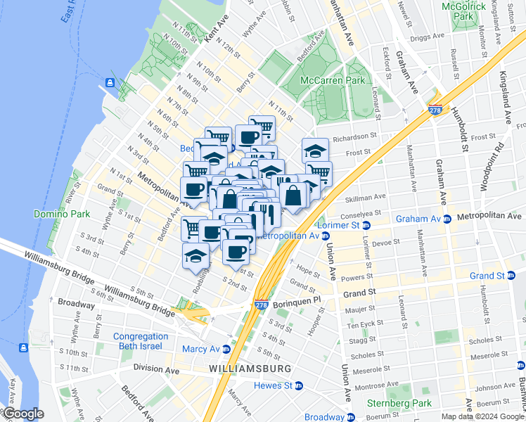 map of restaurants, bars, coffee shops, grocery stores, and more near 362 Metropolitan Avenue in Brooklyn