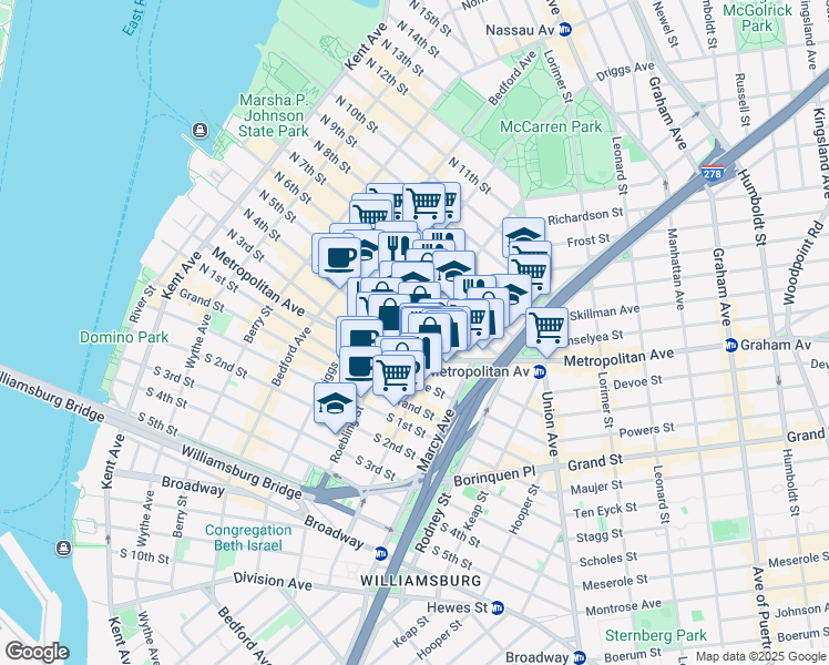 map of restaurants, bars, coffee shops, grocery stores, and more near 362 Metropolitan Avenue in Brooklyn