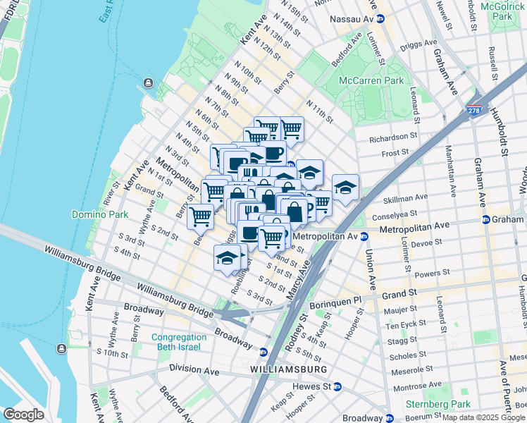 map of restaurants, bars, coffee shops, grocery stores, and more near 143 Roebling Street in Brooklyn