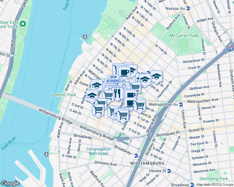 map of restaurants, bars, coffee shops, grocery stores, and more near 172 North 1st Street in Brooklyn