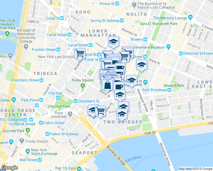map of restaurants, bars, coffee shops, grocery stores, and more near 42 Mulberry Street in New York