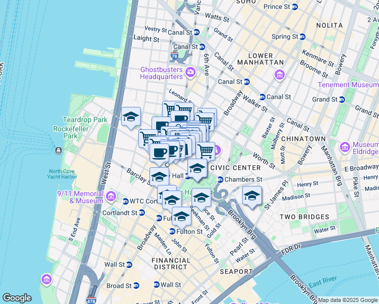 map of restaurants, bars, coffee shops, grocery stores, and more near 277 Broadway in New York