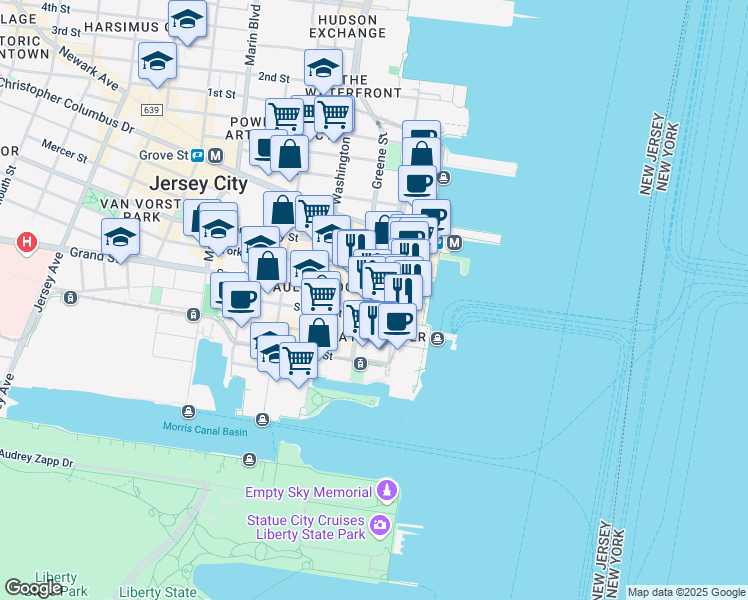 map of restaurants, bars, coffee shops, grocery stores, and more near 70 Greene Street in Jersey City