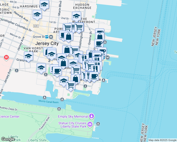 map of restaurants, bars, coffee shops, grocery stores, and more near 70 Greene Street in Jersey City
