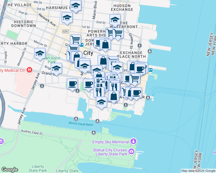 map of restaurants, bars, coffee shops, grocery stores, and more near 103 Sussex Street in Jersey City