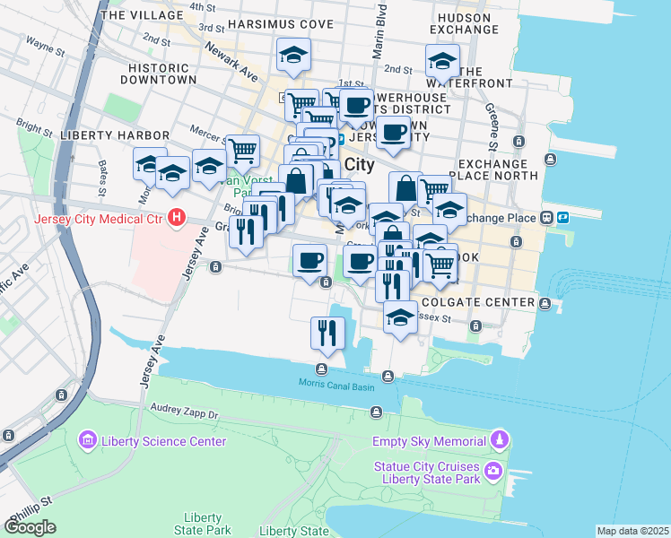 map of restaurants, bars, coffee shops, grocery stores, and more near 201 Marin Boulevard in Jersey City