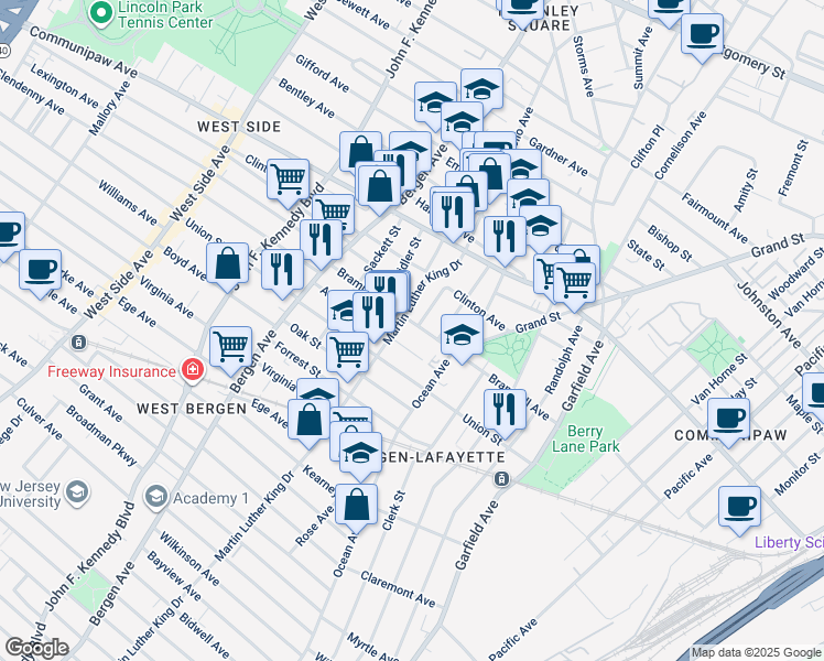 map of restaurants, bars, coffee shops, grocery stores, and more near 545 Bramhall Avenue in Jersey City