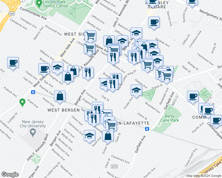 map of restaurants, bars, coffee shops, grocery stores, and more near 481 Martin Luther King Drive in Jersey City