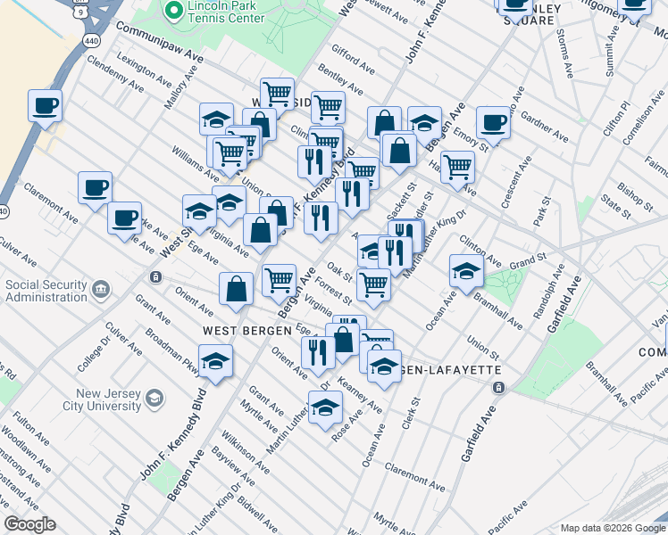 map of restaurants, bars, coffee shops, grocery stores, and more near 105 Oak Street in Jersey City