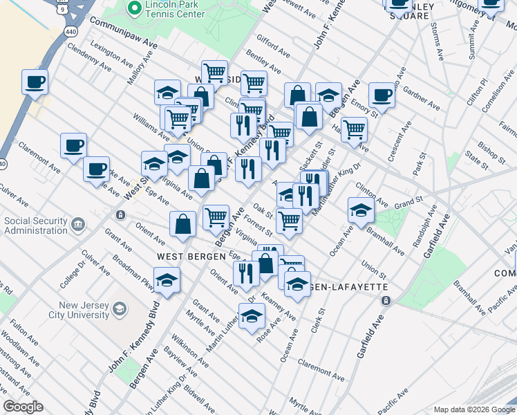 map of restaurants, bars, coffee shops, grocery stores, and more near 105 Oak Street in Jersey City