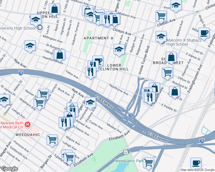 map of restaurants, bars, coffee shops, grocery stores, and more near 358 Peshine Avenue in Newark