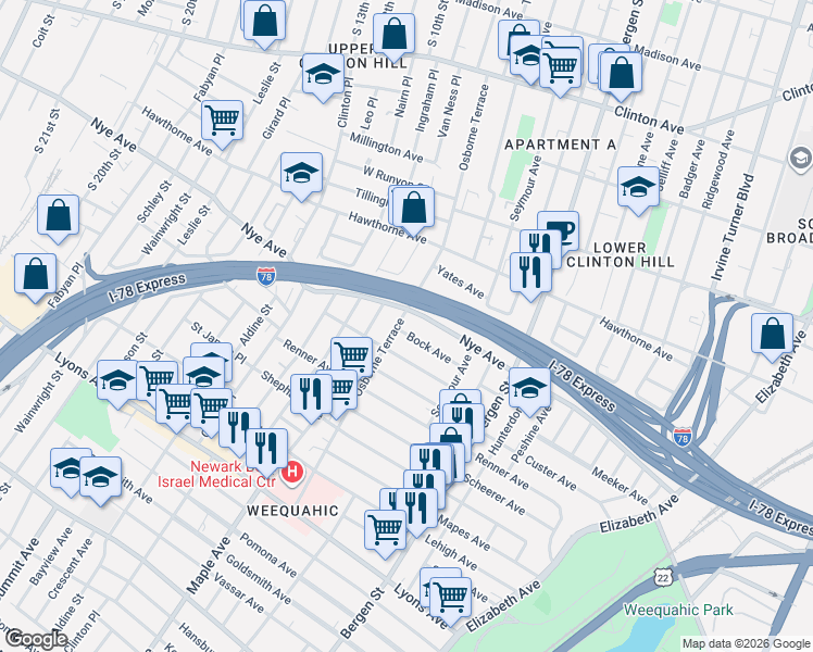map of restaurants, bars, coffee shops, grocery stores, and more near 56-58 Bock Avenue in Newark