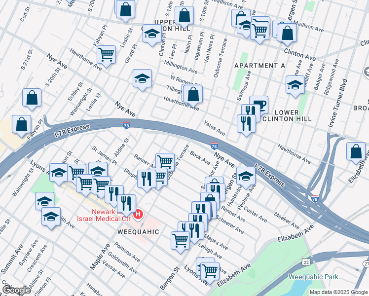 map of restaurants, bars, coffee shops, grocery stores, and more near 56-58 Bock Avenue in Newark