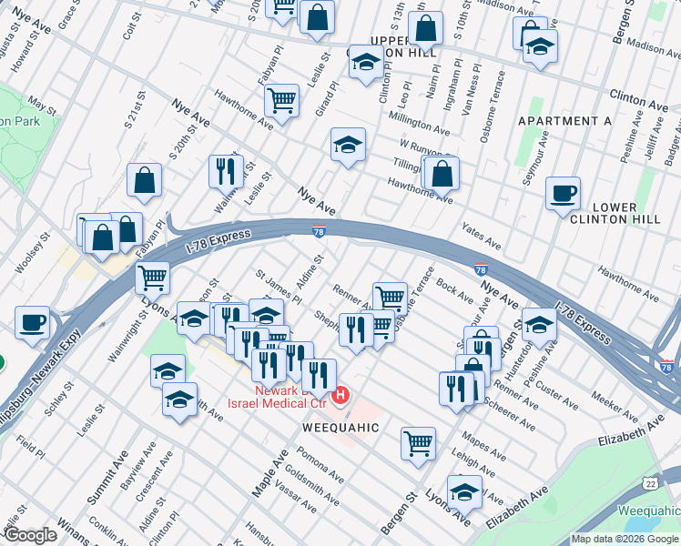 map of restaurants, bars, coffee shops, grocery stores, and more near 321-323 Renner Avenue in Newark