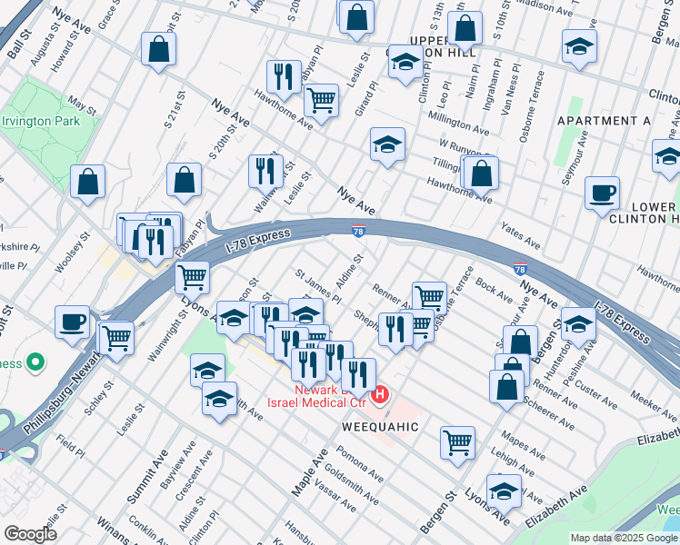 map of restaurants, bars, coffee shops, grocery stores, and more near 36 Aldine Street in Newark