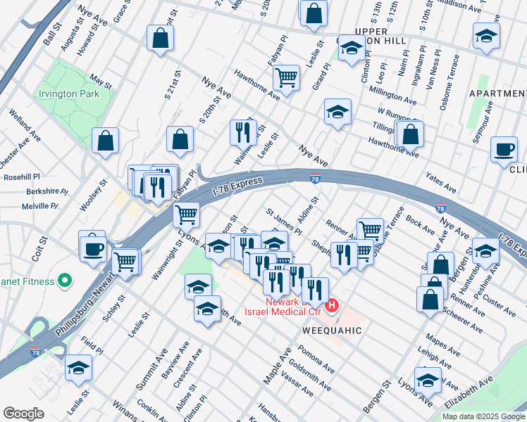 map of restaurants, bars, coffee shops, grocery stores, and more near 146 Dewey Street in Newark