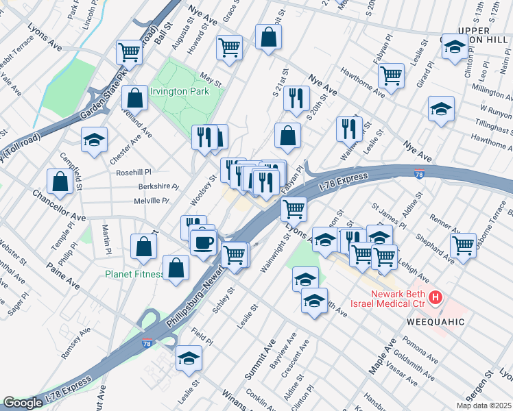 map of restaurants, bars, coffee shops, grocery stores, and more near 467 Lyons Avenue in Newark
