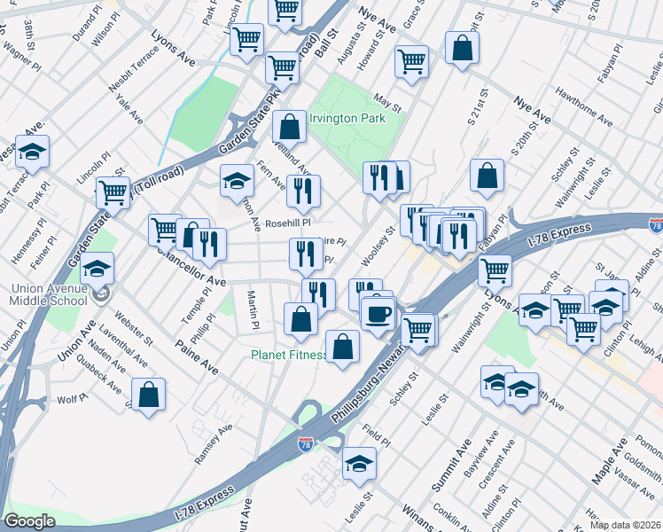 map of restaurants, bars, coffee shops, grocery stores, and more near 320 Coit Street in Irvington