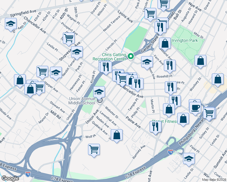 map of restaurants, bars, coffee shops, grocery stores, and more near 70 Kuna Terrace in Irvington