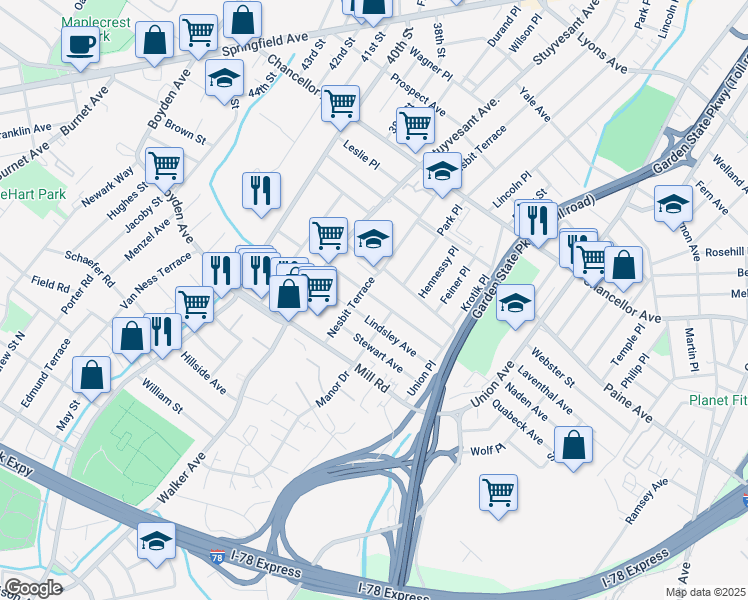 map of restaurants, bars, coffee shops, grocery stores, and more near 14 Lindsley Avenue in Irvington