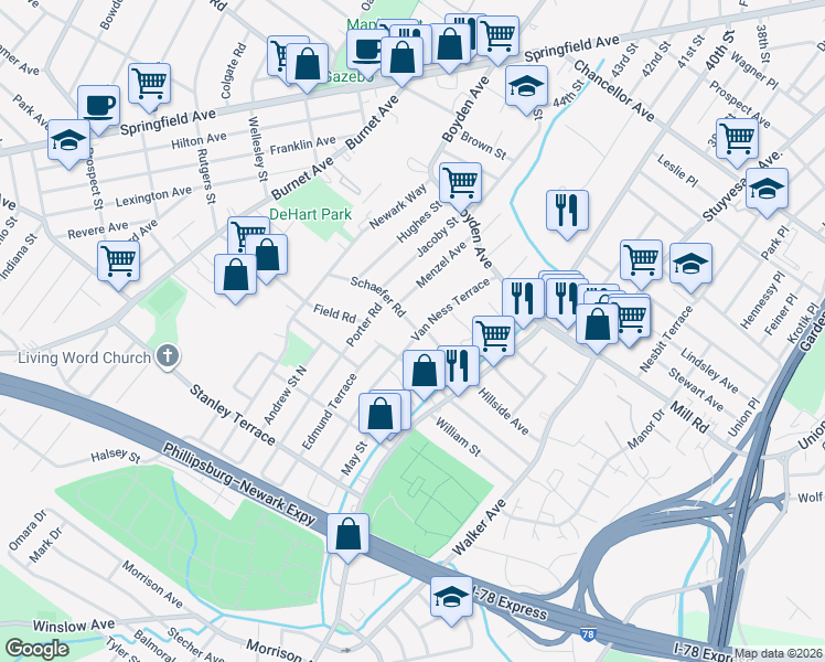map of restaurants, bars, coffee shops, grocery stores, and more near 72 Van Ness Terrace in Maplewood