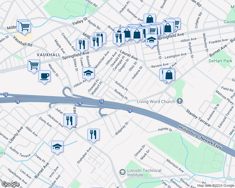 map of restaurants, bars, coffee shops, grocery stores, and more near 82 Elm Street in Union