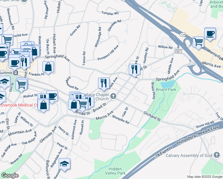 map of restaurants, bars, coffee shops, grocery stores, and more near 38 Park Avenue in Summit