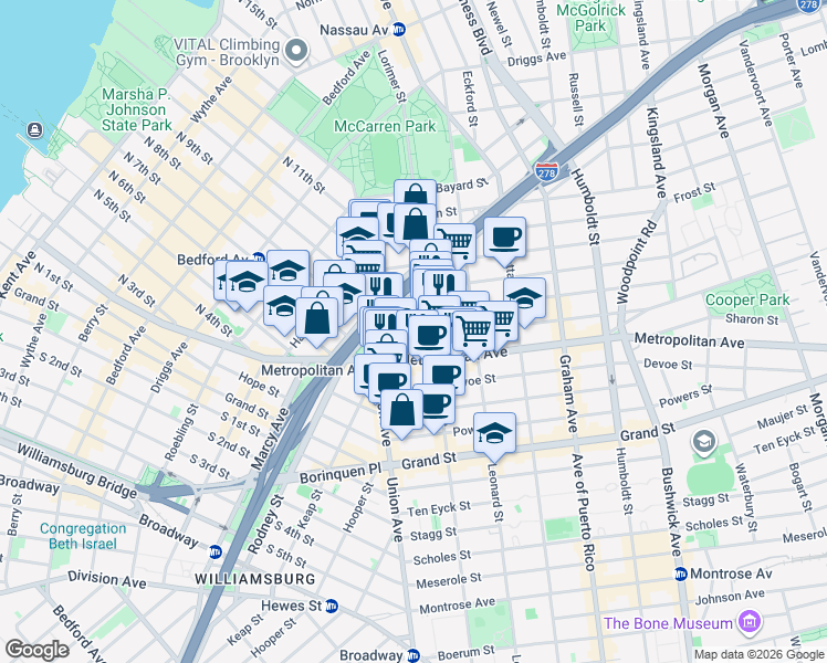 map of restaurants, bars, coffee shops, grocery stores, and more near 36 Conselyea Street in Brooklyn