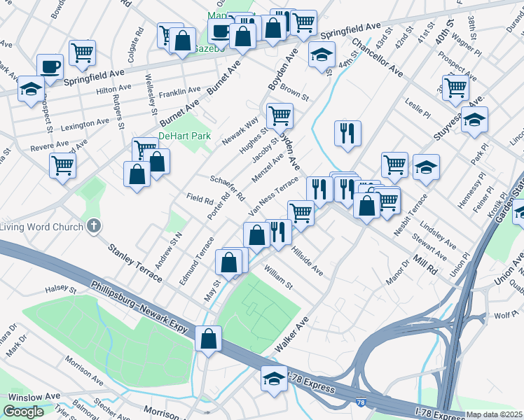 map of restaurants, bars, coffee shops, grocery stores, and more near 72 Van Ness Terrace in Maplewood