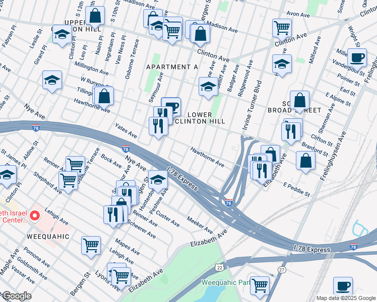map of restaurants, bars, coffee shops, grocery stores, and more near 156 Hawthorne Avenue in Newark